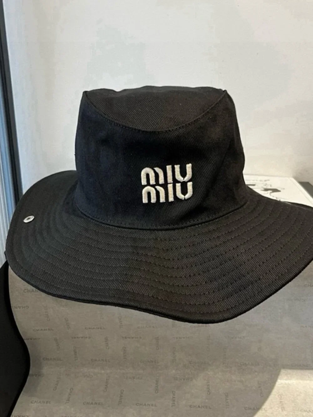 Miu Miu Logo Wide Brim Fisherman Bucket Hat